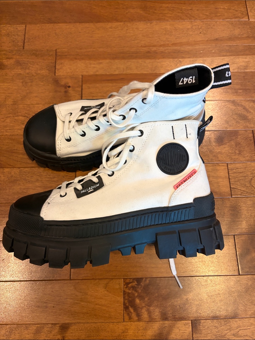Palladium White and Black Chunky Lug-Sole High-Top Sneakers